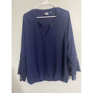 SOHO New York & Company Jeans Medium Blue Blouse Top Lace Bell Sleeves